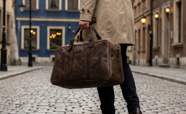 Voyager Weekender Bag - Arriving in Style: Urban Exploration on Cobblestone Streets