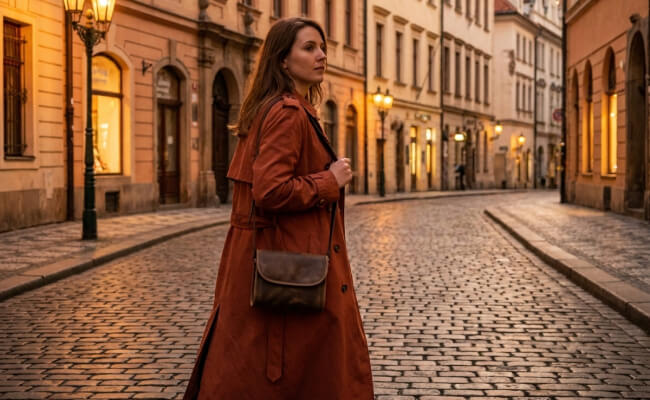 A woman walking through a cobblestone city street in the early evening, wearing a small brown leather flap crossbody bag on her shoulder.