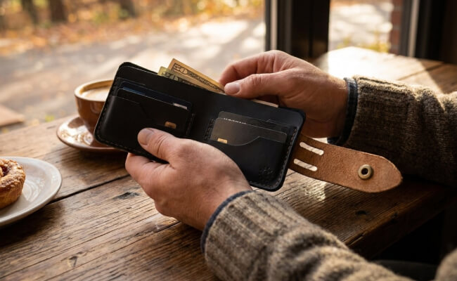 A man's hands holding an open bifold wallet showing card slots and a bill section.
